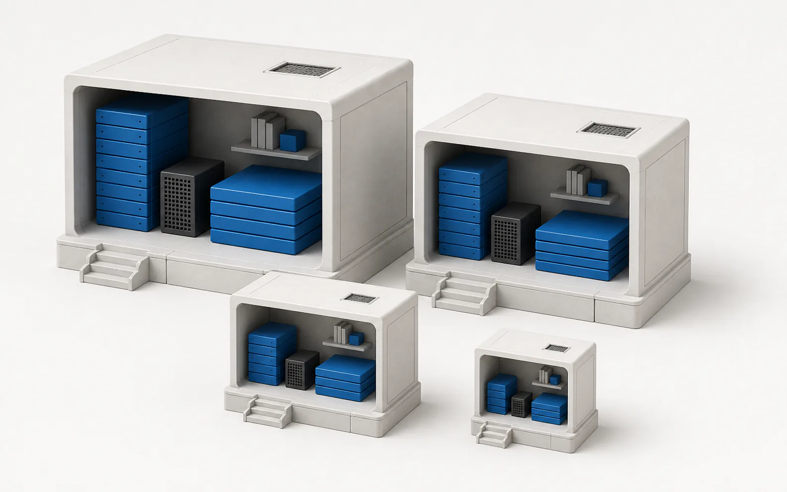 Four open white runtime enclosures in different sizes, each containing blue and black compute and storage modules