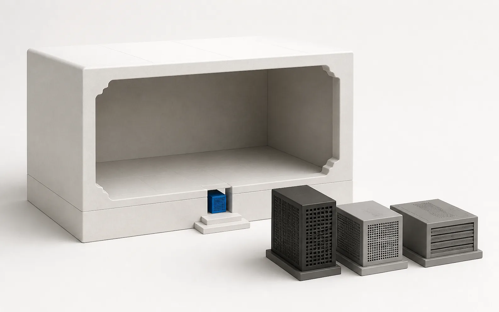A white agent sandbox enclosure beside three small model modules, with one blue module fitted inside the sandbox